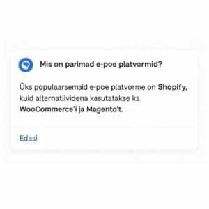 AI genereeritud vastus, kus e-poe platvormi Shopify mainitakse soovitusena koos WooCommerce’i ja Magento’ga, kuid ilma klikitava viiteta